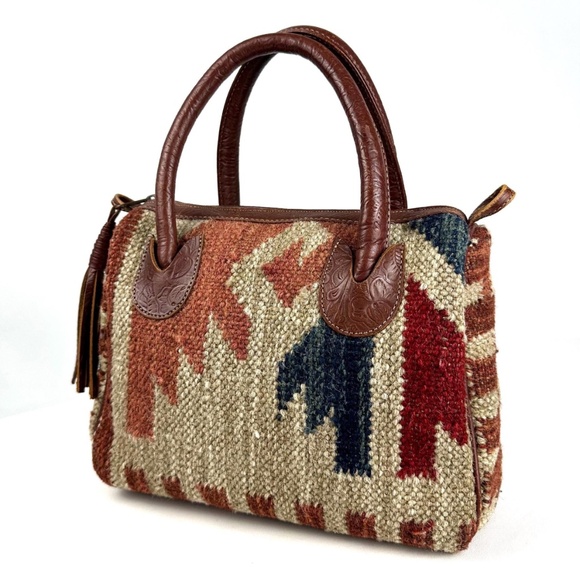 Vintage Southwestern Tapestry and Leather Top Handle Handbag in Brown • Medium - Picture 1 of 10